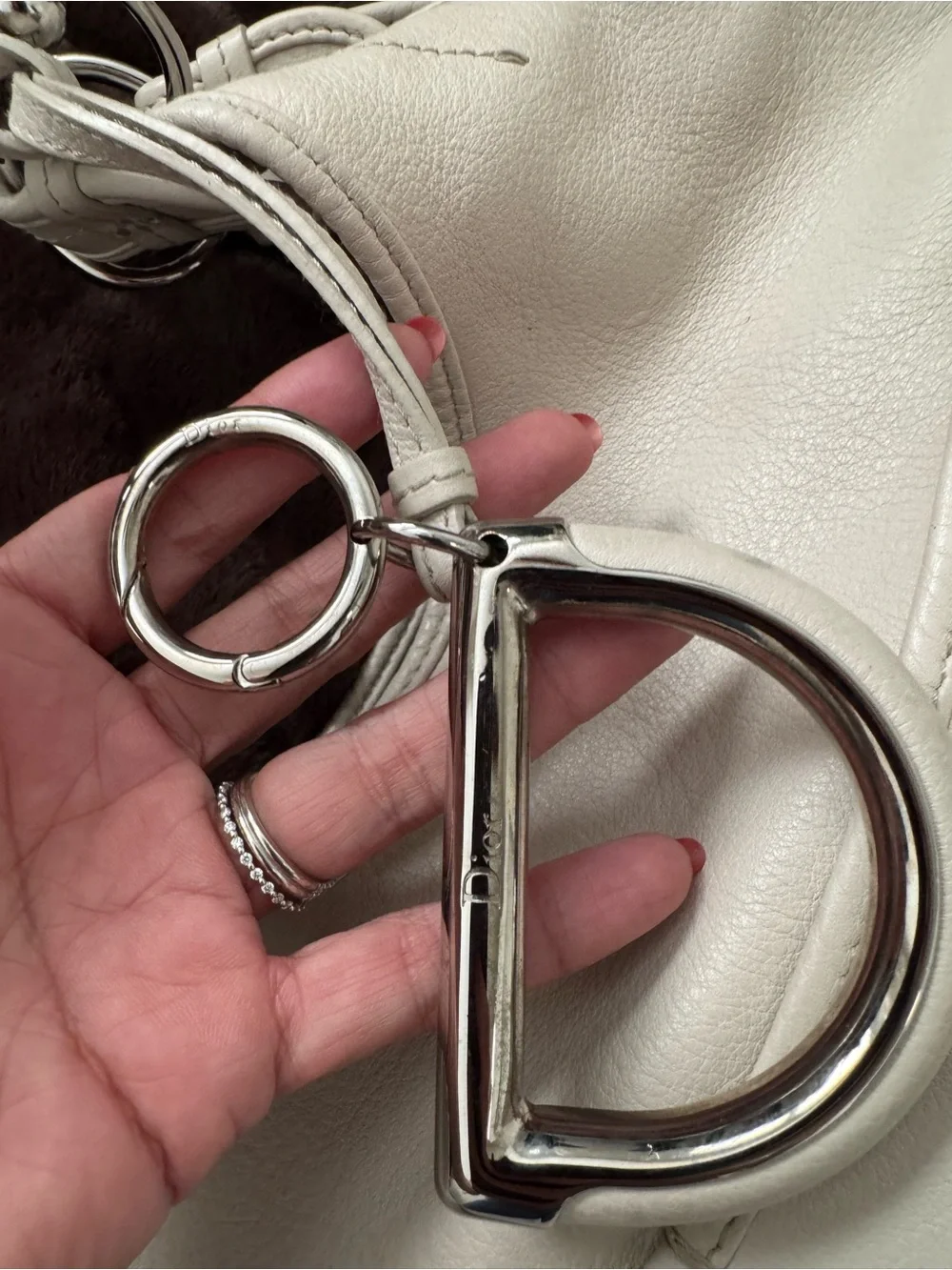 Vintage Christian Dior D White Leather Hobo Bag Silver Hardware